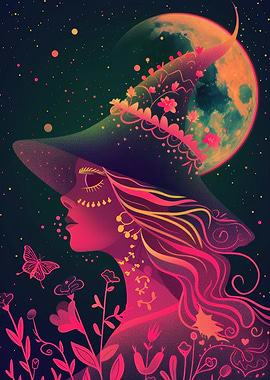 Neon Witch Under the Moon