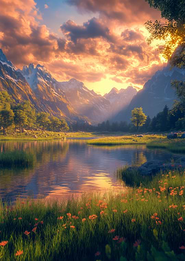 Golden sunset over a Mountain Lake