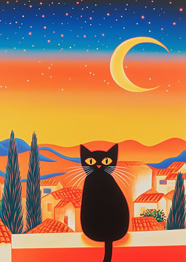 Black Cat Under the Crescent Moon