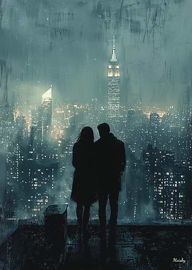 Rooftop City Romance - Charcoal Art