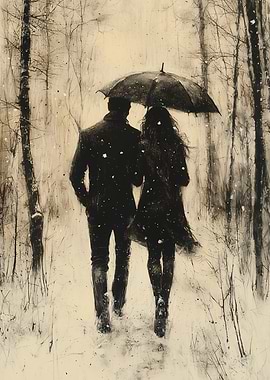 Vintage Charcoal Couple in Snowy Forest