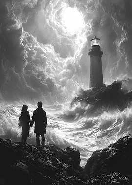 Romantic Stormy Shore with Lighthouse - Charcoal Art