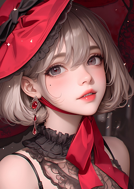 Beautiful Anime Girl in Red Hat