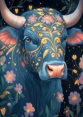 Blue Cow with Floral Design