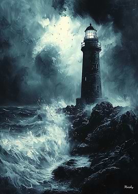 Stormy Lighthouse at Night - Charcoal Art