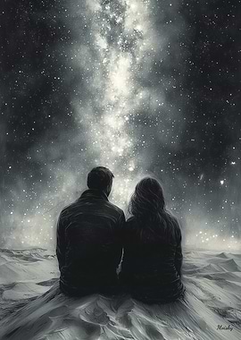 Romantic Stargazing Under the Milky Way - Charcoal Art