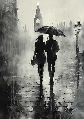 Romantic Rainy Walk in London - Charcoal Style