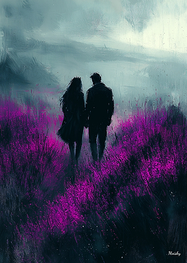 Romantic Walk Through Lavender Purple Fields in Charcoal Style
