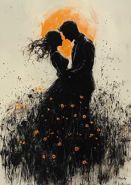 Romantic Silhouette with Golden Glow and Wildflowers
