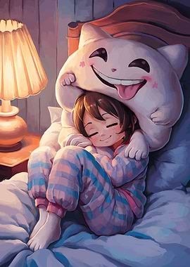 Girl Sleeping with Cat Pillow