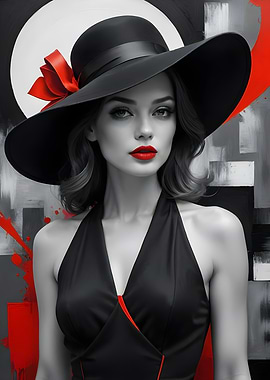 Woman in Black Hat and Dress