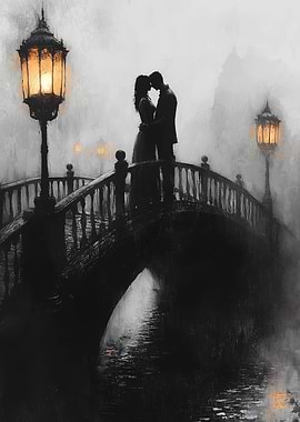 Romantic Bridge Kiss in Charcoal and Lantern Glow