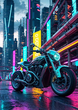 Chrome Motorcycle in Neon City