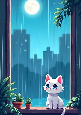 Rainy Night Adorable White Cat & Kitten