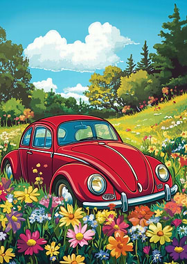 Red Beetle in Flower Field