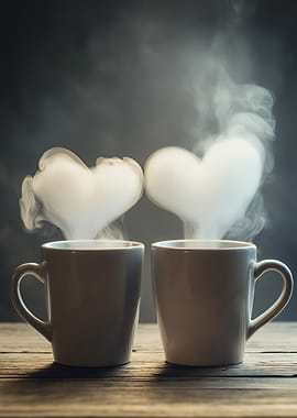 Two Coffee Mugs with Heart-Shaped Steam