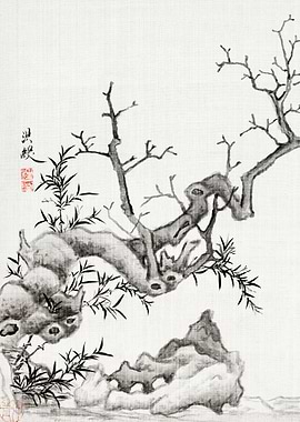 Ink Wash Painting of Trees and Rocks