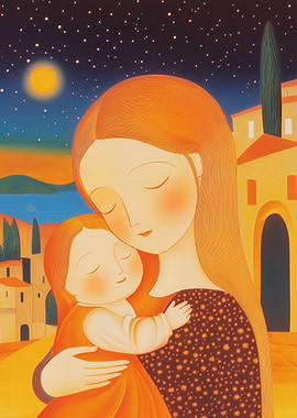 Mother and Child Under Starry Sky