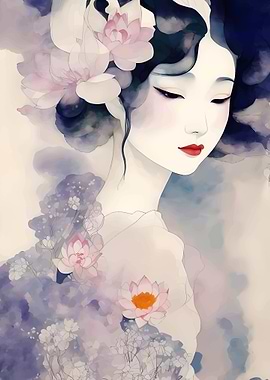 Watercolor Geisha with Flowers