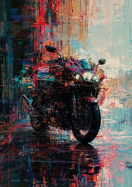 Motorcycle in Abstract Cityscape
