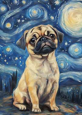Pug in Starry Night