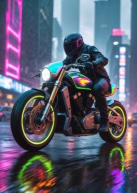 Neon Motorcycle in City Rain