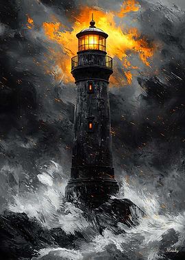 Dramatic Lighthouse Amidst Storm in Charcoal Style