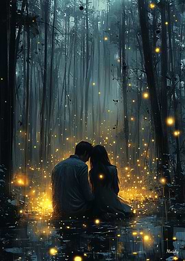 Romantic Couple in Magic Forest with Glowing Fireflies