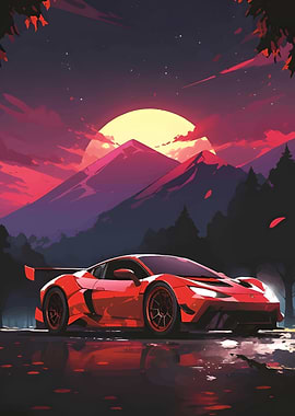 Red Sports Car Sunset