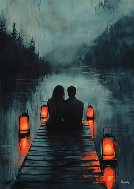 Romantic Couple on Dock with Lantern Glow at Dusk