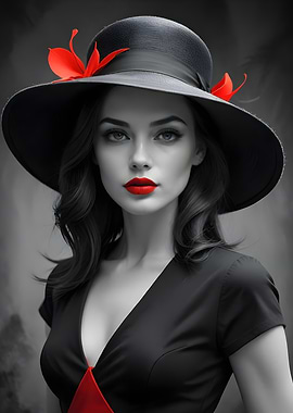 Woman in Black Hat and Red Dress