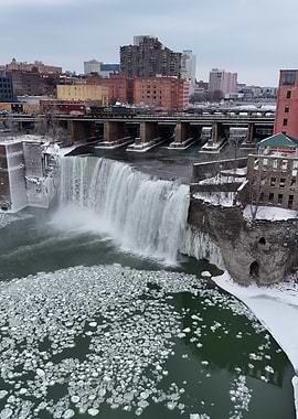 Frozen Waterfall Cityscape with train passing through