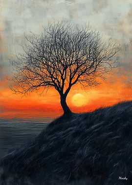 Solitary Tree Sunset in Charcoal and Warm Tones