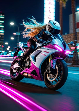 Woman Riding Motorcycle at Night LA