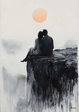 Couple on Clifftop with Serene Sunset Glow