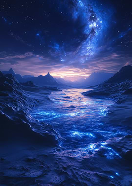Bioluminescent River under starry sky
