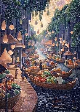 Floating Market Scene in Pointillist Style