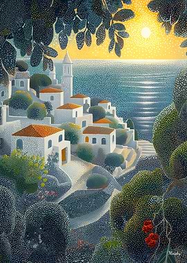 Seaside Village at Sunset in Pointillist Style