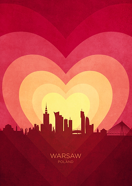 Warsaw Poland Skyline Hearts Red Yellow