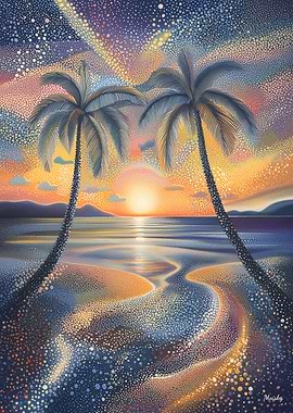 Tropical Sunset in Pointillist Style