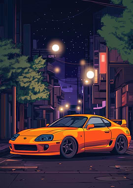 Orange Japanese Car Night City
