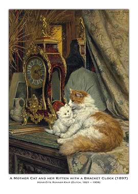 Mother Cat and Kitten with Clock