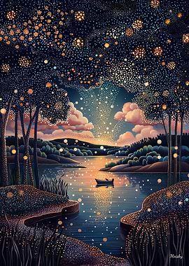 Starry Night River in Pointillist Style