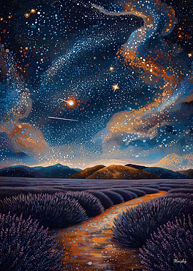 Starry Night Lavender Field in Pointillist Style