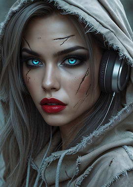 post-apocalyptic Woman with Blue Eyes and Headphones