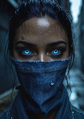 Woman with Blue Eyes and Denim Mask