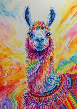 Rainbow Llama Watercolor