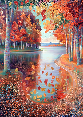 Autumn River Scene in Pointillist Style