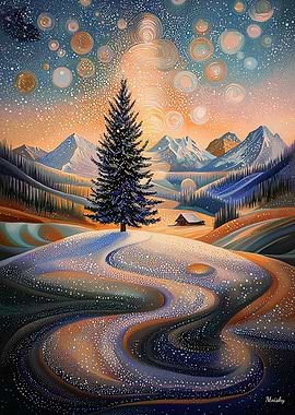 Starry Winter Tree in Pointillist Style