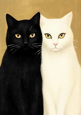 Black and White Cats on Golden Background Painting